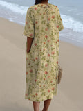 Women’s Vintage Floral Art Print Pocket Linen Dress（Convertible Dress With Front And Back Option）