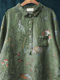 Woodland And Animals Repeat Pattern Printed Women’s Casual Cotton Linen Shirt