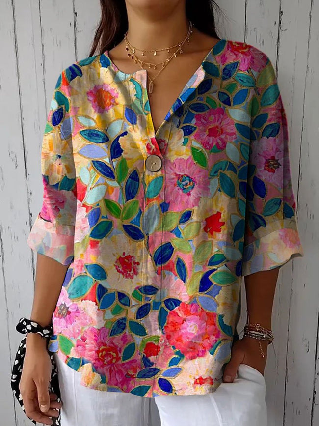 Women’s Flower Print Casual Cotton Linen Shirt Multicolor / S