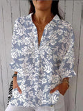 Women’s Silhouette White Floral Print On Blue Casual Linen V-Neck Shirt Multicolor / S