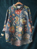 Women’s Vintage Floral Art Print Casual Cotton And Linen Shirt Multicolor / S