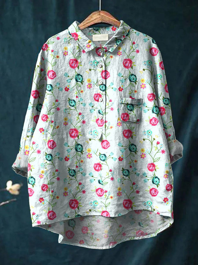 Women’s Floral Art Print Casual Cotton And Linen Shirt Multicolor / S