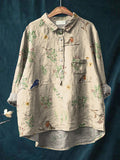 Boughs And Robin Birds Pattern Printed Women’s Casual Cotton Linen Shirt Sand / S