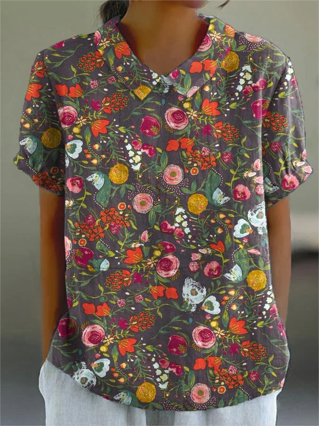 Women’s Flower Art Print Casual Cotton And Linen Shirt Multicolor / S