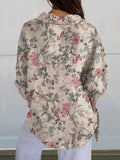 Women’s Pink Elegant Small Flower Floral Print Casual Linen V-Neck Shirt