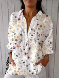 Women’s Colorful Watercolor Print Casual Linen V-Neck Shirt Multicolor / S