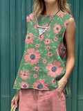 Women’s Flower Art Print Tank And Casual Pants Linen Cotton Suit