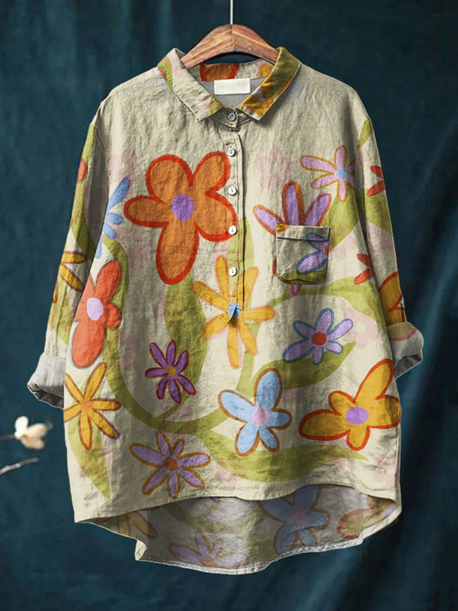 Women’s Floral Art Print Casual Cotton And Linen Shirt Multicolor / S