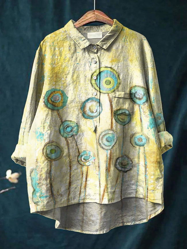 Women’s Flower Print Casual Cotton And Linen Shirt Multicolor / S