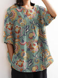 Women’s Floral Art Print Casual Cotton And Linen Shirt Multicolor / S