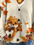 Women's Autumn Maple Leaves Cute Fox Casual Print Buttoned Cardigan Sweater