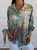 Women’s Vintage Floral Art Print Casual Linen V-Neck Shirt Multicolor / S