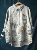 Vintage Lovely Woodland Animals Art Print Casual Cotton And Linen Shirt Multicolor / S