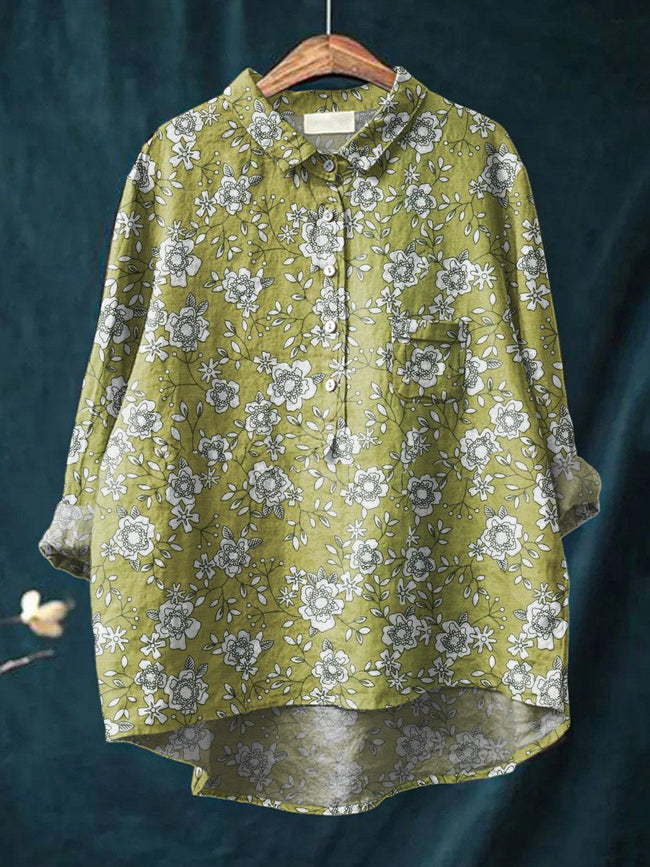 Women’s Floral Art Print Casual Cotton And Linen Shirt Multicolor / S