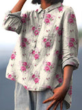 Pink Rose Pattern Printed Women’s Casual Cotton And Linen Shirt