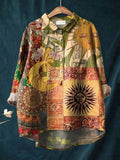 Women’s Vintage Ethnic Sun Moon Art Print Casual Cotton And Linen Shirt Multicolor / S