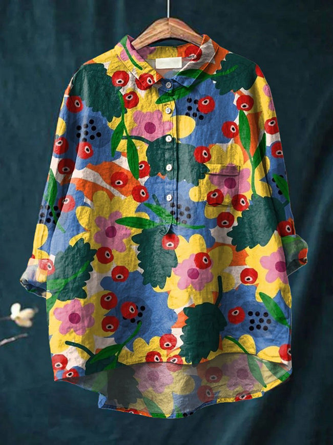 Women’s Vintage Flower Print Casual Cotton And Linen Shirt Multicolor / S