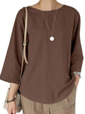 Women’s Solid Color Loose Elegant Casual Cotton And Linen T-Shirt Brown / S