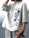 Simple Blue Spring Floral Printed Women’s Casual Cotton And Linen Shirt