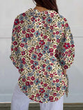 Women’s Red Pastoral Floral Print Casual Linen V-Neck Shirt