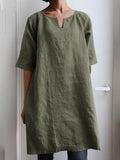 Women’s Solid Color V-Neck Cotton And Linen Casual Shirt Dress Armygreen / S