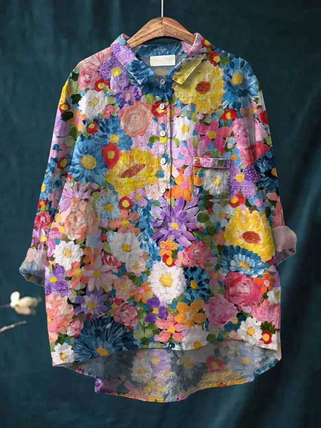 Women’s Flower Painting Art Print Casual Cotton And Linen Shirt Multicolor / S