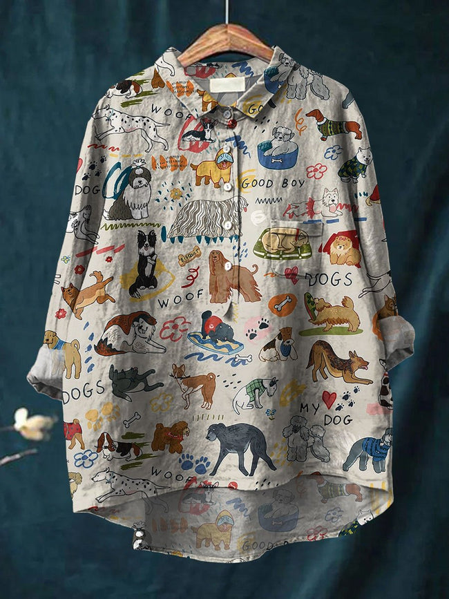 Women’s Cute Dog Art Print Casual Cotton And Linen Shirt Multicolor / S