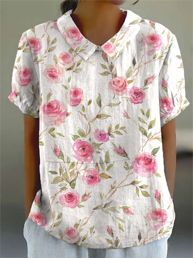 Women’s Rose Flower Print Casual Cotton And Linen Shirt Multicolor / S