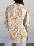 Women’s Yellow Simple Flower And Bird Print Casual Linen V-Neck Shirt