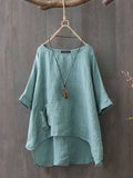 Cotton Linen Solid Color Casual Top Blue / M