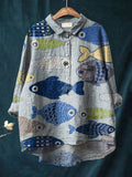 Vintage Lovely Fish Art Print Casual Cotton And Linen Shirt Multicolor / S