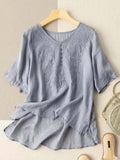 Women’s Cotton And Linen Short Sleeve Embroidery Blouse Lightgrey / M