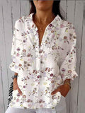 Women’s Retro Floral Printcasual Linen V-Neck Shirt Multicolor / S