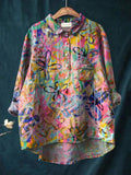 Graffiti Style Meadows Floral Printed Women’s Casual Cotton And Linen Shirt Multicolor / S