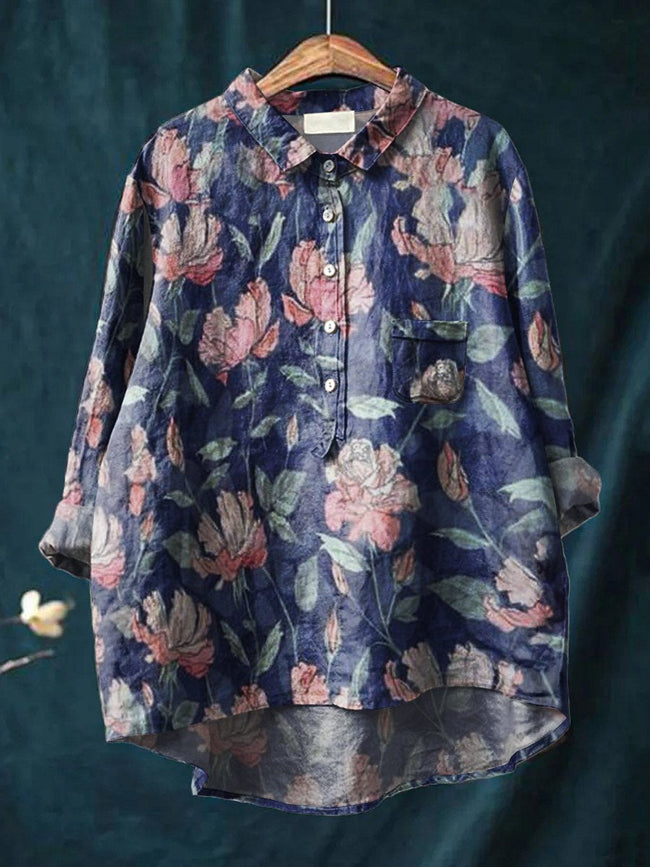 Women’s Floral Art Print Casual Cotton And Linen Shirt Multicolor / S