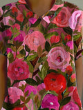 Oil Painting Romantic French Rose Printed Women’s Casual Cotton And Linen Shirt