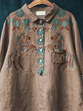 Western Style Horse Symmetrical Pattern Printed Women’s Casual Cotton And Linen Shirt