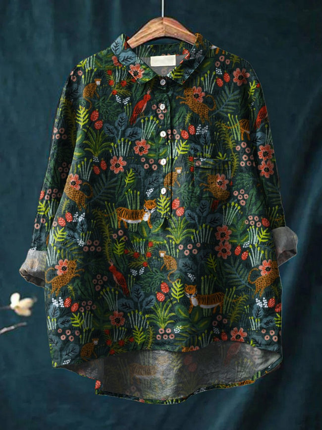 Women’s Floral Art Print Casual Cotton And Linen Shirt Multicolor / S