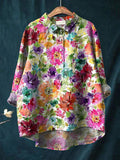 Lovely Watercolor Summer Floral Printed Women’s Casual Cotton And Linen Shirt Multicolor / S