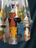 Women’s Cute Cat Print Casual Cotton And Linen Shirt