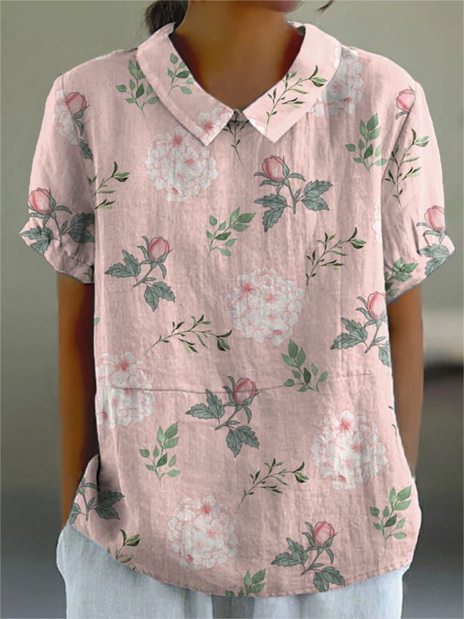 Women’s Rose Flower Print Casual Cotton And Linen Shirt Multicolor / S