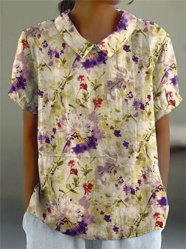 Women’s Flower Print Casual Cotton And Linen Shirt Multicolor / S