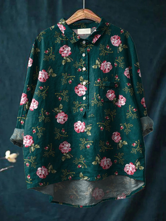 Women’s Floral Art Print Casual Cotton And Linen Shirt Multicolor / S