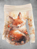 Women's Fox And Flowers Art Print Off Shoulder Foldover Cinched Top