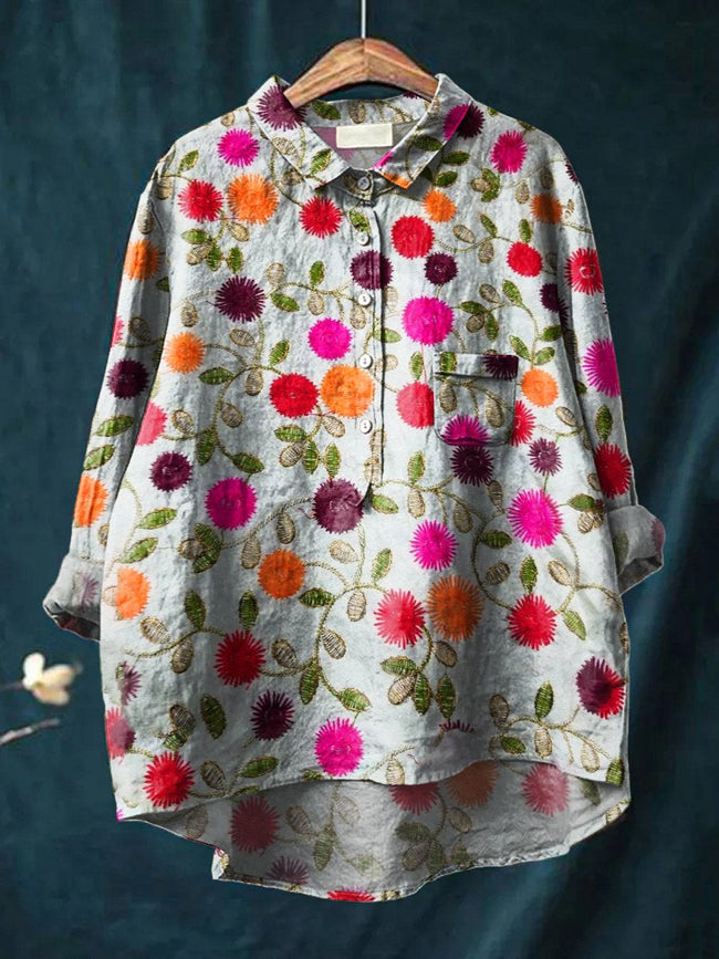 Women’s Floral Art Print Casual Cotton And Linen Shirt Multicolor / S