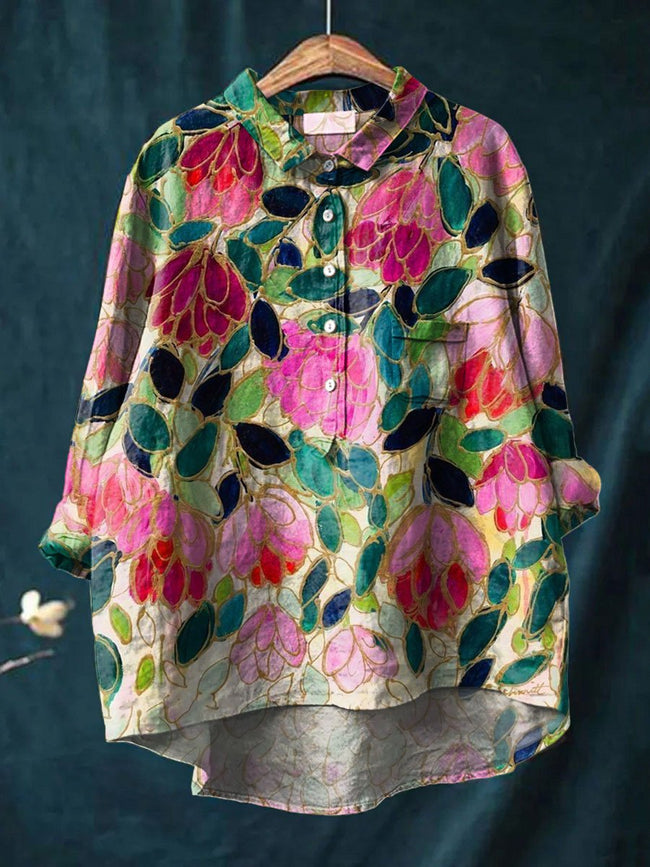 Women’s Colorful Flower Print Casual Cotton And Linen Shirt Multicolor / S