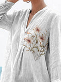 Watercolor Floral Bush Printed Women’s Casual Linen V-Neck Shirt