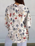 Women’s Red And Blue Flower Floral Print Casual Linen V-Neck Shirt