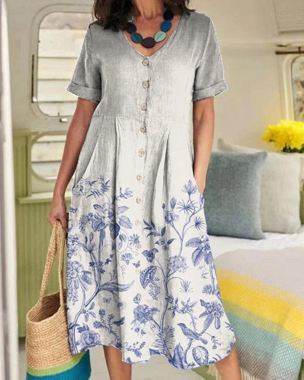 Women’s Blue Floral Positioning Print Linen Pocket Tunic Dress Multicolor / S