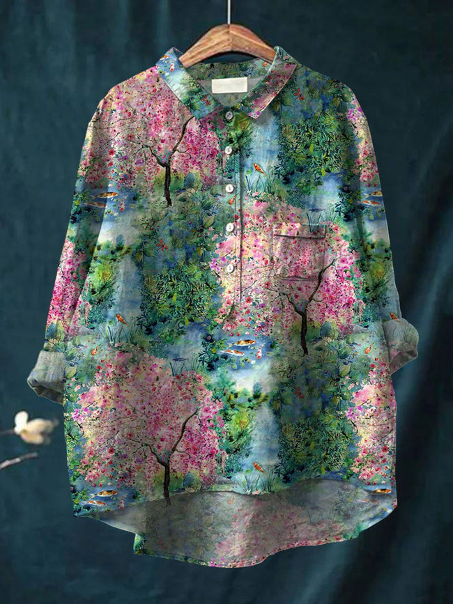 Women’s Fancy Nature Art Print Casual Cotton And Linen Shirt Multicolor / S